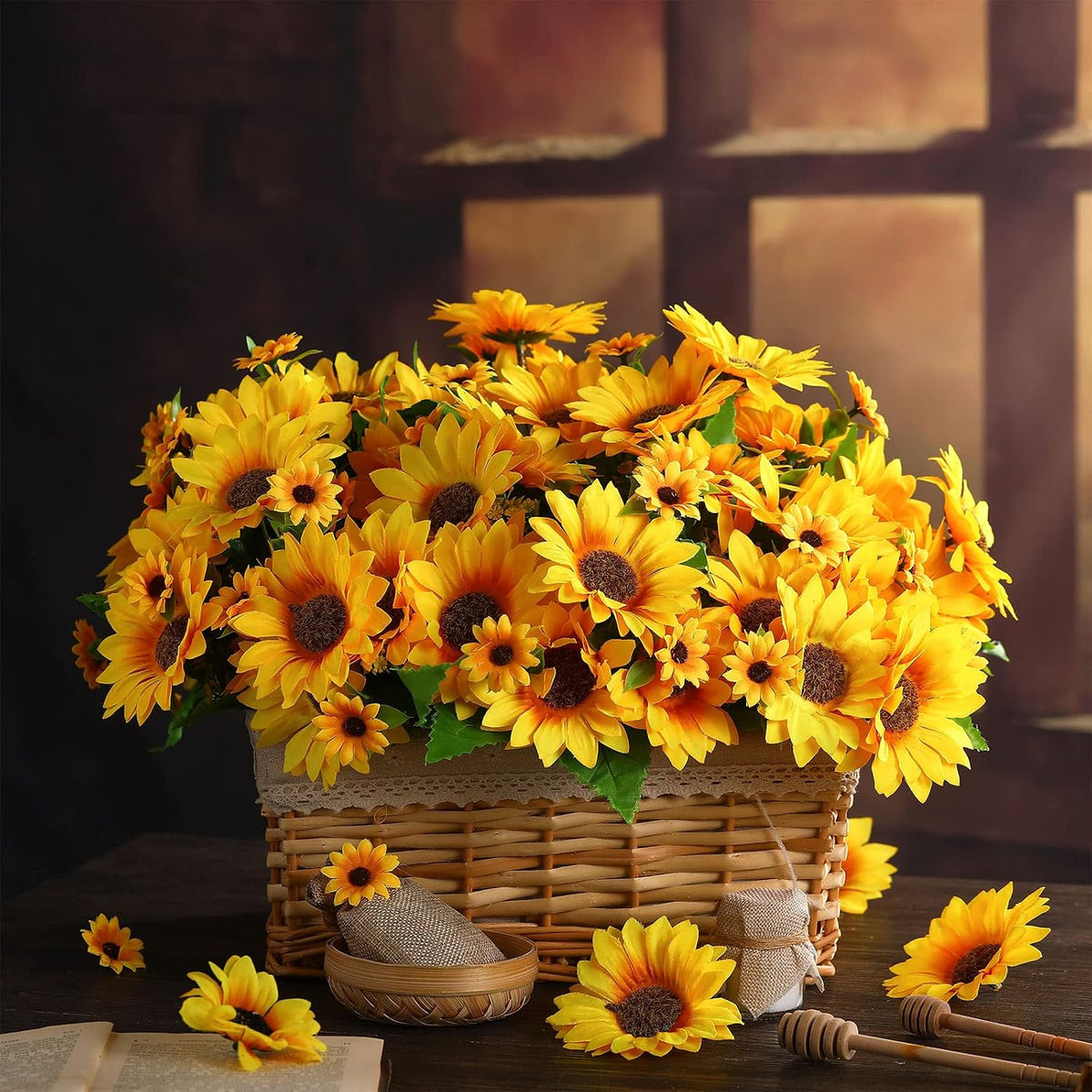 24 Bundles Yellow Summer Sunflower Faux Mums for Outdoor