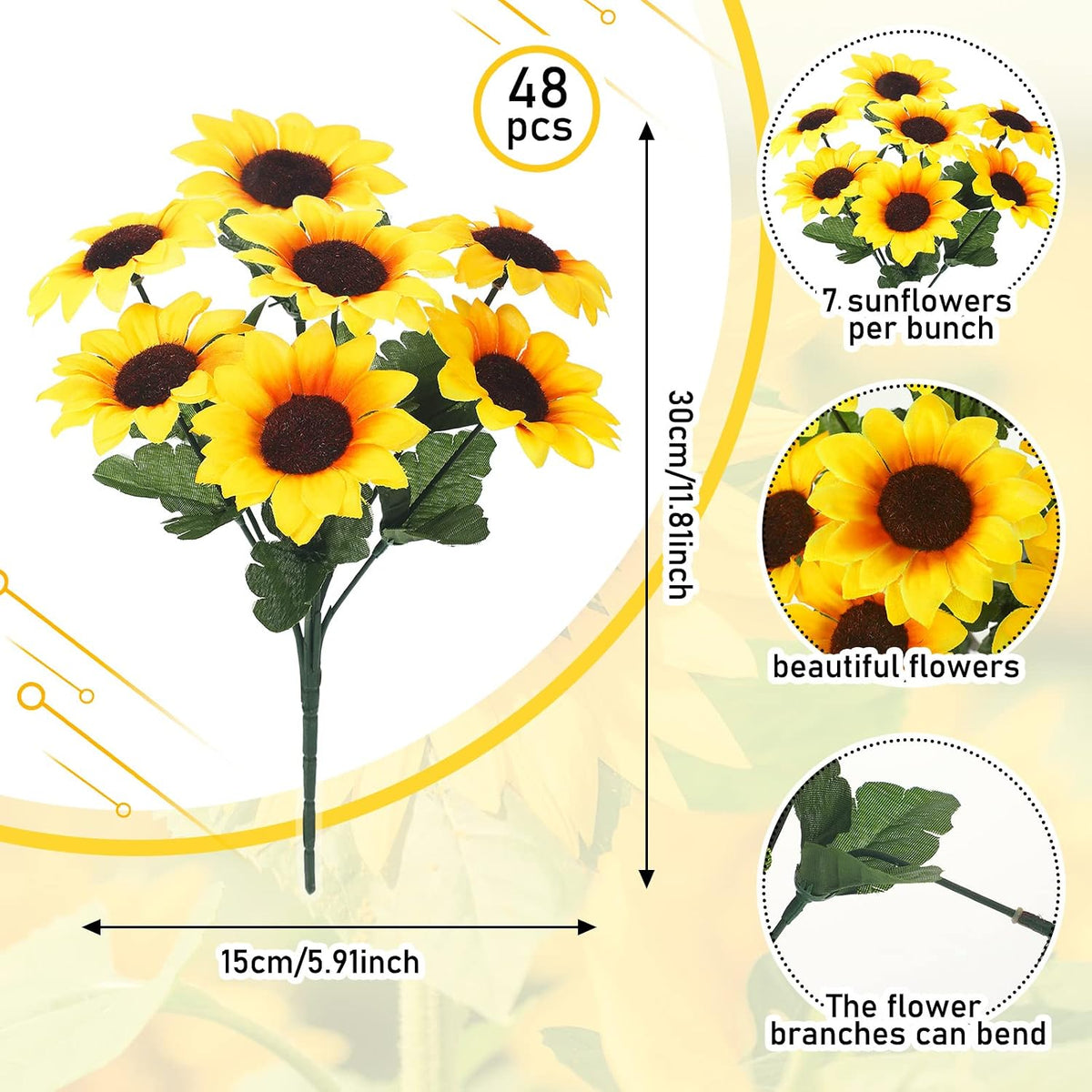 24 Bundles Yellow Summer Sunflower Faux Mums for Outdoor