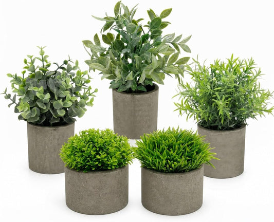 Artificial Potted Plants Faux Greenery in Cement Pots for Shelf, Bookshelf, Office or Home Decor, Small Decorative Fake Plants for Modern Indoor Display