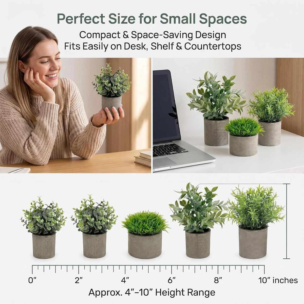 Artificial Potted Plants Faux Greenery in Cement Pots for Shelf, Bookshelf, Office or Home Decor, Small Decorative Fake Plants for Modern Indoor Display