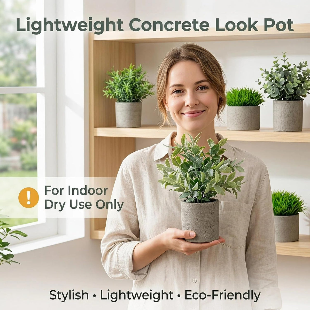 Artificial Potted Plants Faux Greenery in Cement Pots for Shelf, Bookshelf, Office or Home Decor, Small Decorative Fake Plants for Modern Indoor Display