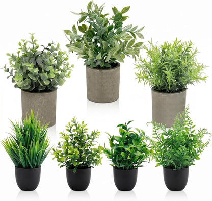 Artificial Potted Plants Faux Greenery in Cement Pots for Shelf, Bookshelf, Office or Home Decor, Small Decorative Fake Plants for Modern Indoor Display
