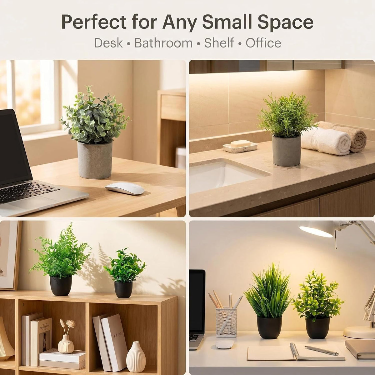 Artificial Potted Plants Faux Greenery in Cement Pots for Shelf, Bookshelf, Office or Home Decor, Small Decorative Fake Plants for Modern Indoor Display