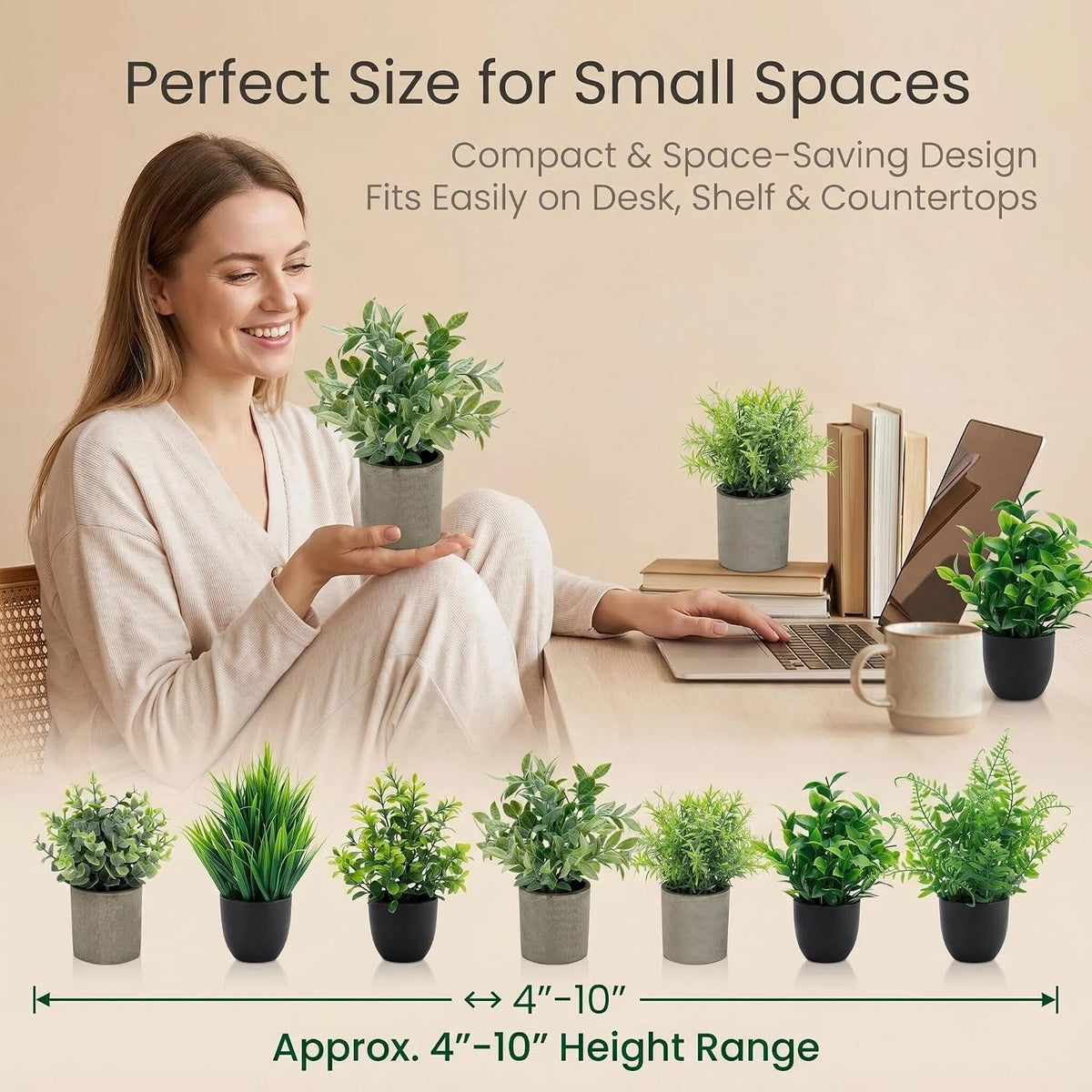 Artificial Potted Plants Faux Greenery in Cement Pots for Shelf, Bookshelf, Office or Home Decor, Small Decorative Fake Plants for Modern Indoor Display
