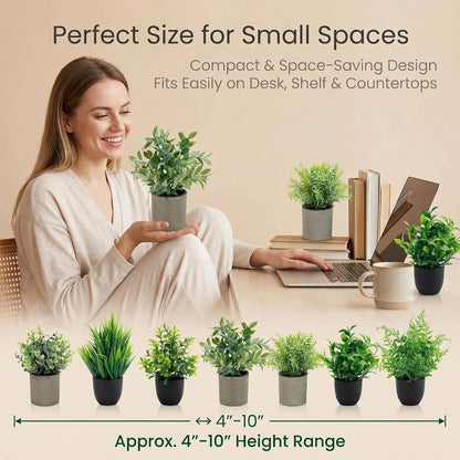 Artificial Potted Plants Faux Greenery in Cement Pots for Shelf, Bookshelf, Office or Home Decor, Small Decorative Fake Plants for Modern Indoor Display