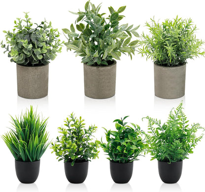 Artificial Potted Plants Faux Greenery in Cement Pots for Shelf, Bookshelf, Office or Home Decor, Small Decorative Fake Plants for Modern Indoor Display