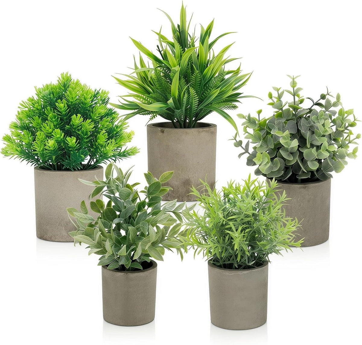 Artificial Potted Plants Faux Greenery in Cement Pots for Shelf, Bookshelf, Office or Home Decor, Small Decorative Fake Plants for Modern Indoor Display