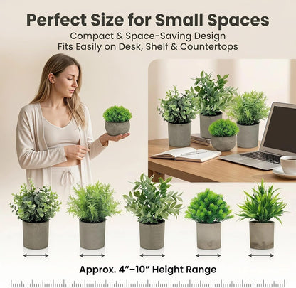 Artificial Potted Plants Faux Greenery in Cement Pots for Shelf, Bookshelf, Office or Home Decor, Small Decorative Fake Plants for Modern Indoor Display