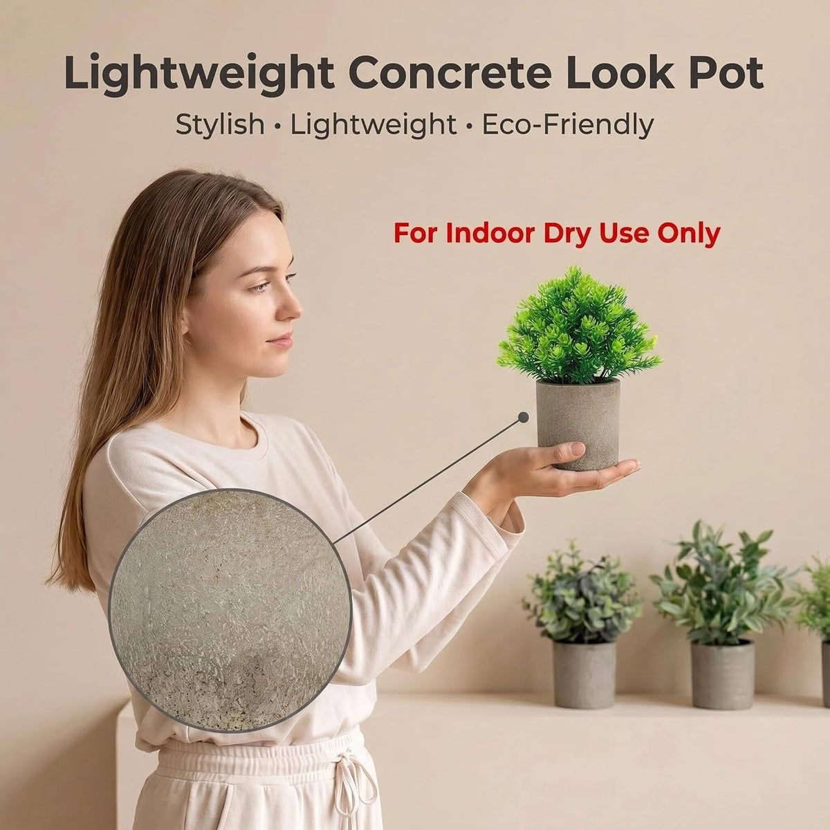 Artificial Potted Plants Faux Greenery in Cement Pots for Shelf, Bookshelf, Office or Home Decor, Small Decorative Fake Plants for Modern Indoor Display