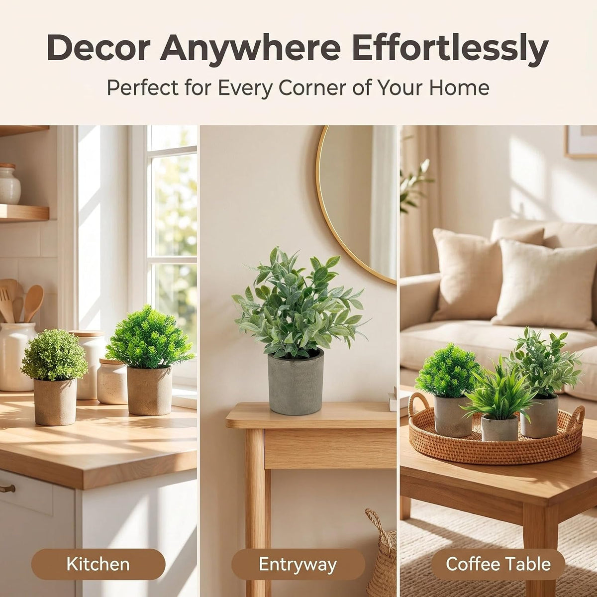 Artificial Potted Plants Faux Greenery in Cement Pots for Shelf, Bookshelf, Office or Home Decor, Small Decorative Fake Plants for Modern Indoor Display