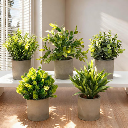 Artificial Potted Plants Faux Greenery in Cement Pots for Shelf, Bookshelf, Office or Home Decor, Small Decorative Fake Plants for Modern Indoor Display