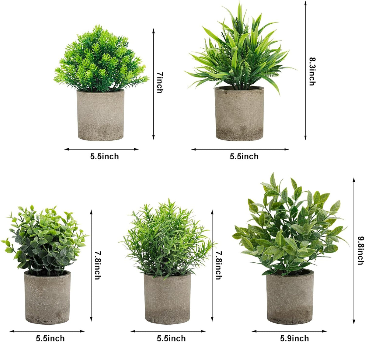 Artificial Potted Plants Faux Greenery in Cement Pots for Shelf, Bookshelf, Office or Home Decor, Small Decorative Fake Plants for Modern Indoor Display
