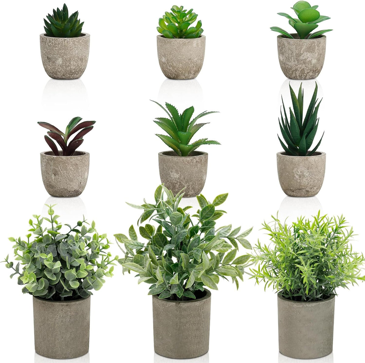 Artificial Potted Plants Faux Greenery in Cement Pots for Shelf, Bookshelf, Office or Home Decor, Small Decorative Fake Plants for Modern Indoor Display
