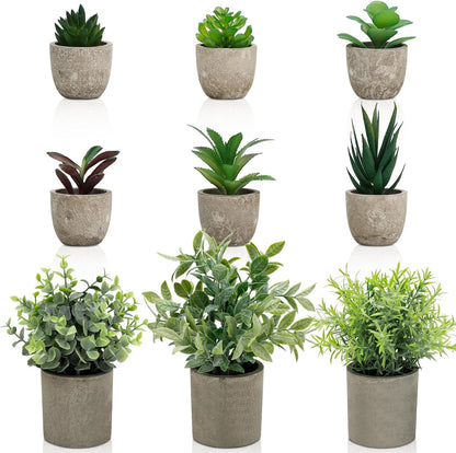 Artificial Potted Plants Faux Greenery in Cement Pots for Shelf, Bookshelf, Office or Home Decor, Small Decorative Fake Plants for Modern Indoor Display