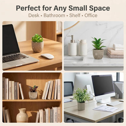 Artificial Potted Plants Faux Greenery in Cement Pots for Shelf, Bookshelf, Office or Home Decor, Small Decorative Fake Plants for Modern Indoor Display