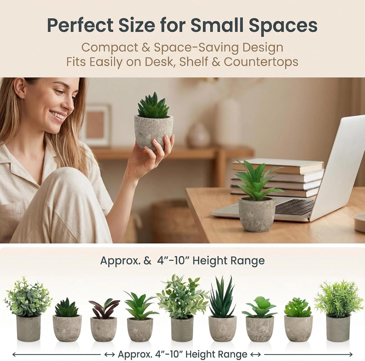 Artificial Potted Plants Faux Greenery in Cement Pots for Shelf, Bookshelf, Office or Home Decor, Small Decorative Fake Plants for Modern Indoor Display