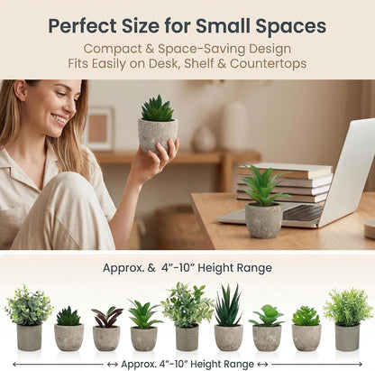 Artificial Potted Plants Faux Greenery in Cement Pots for Shelf, Bookshelf, Office or Home Decor, Small Decorative Fake Plants for Modern Indoor Display