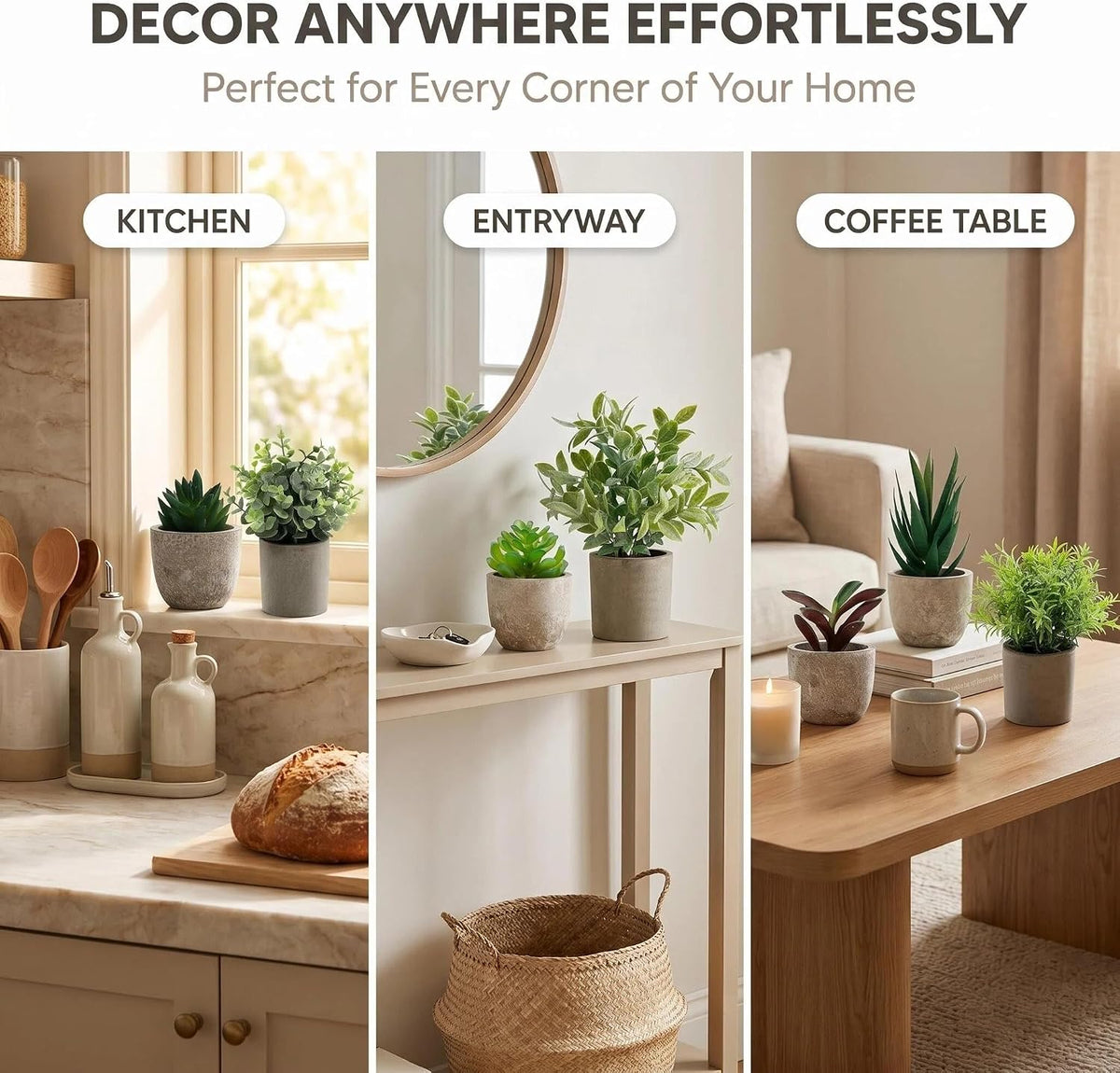 Artificial Potted Plants Faux Greenery in Cement Pots for Shelf, Bookshelf, Office or Home Decor, Small Decorative Fake Plants for Modern Indoor Display
