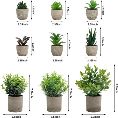 Artificial Potted Plants Faux Greenery in Cement Pots for Shelf, Bookshelf, Office or Home Decor, Small Decorative Fake Plants for Modern Indoor Display
