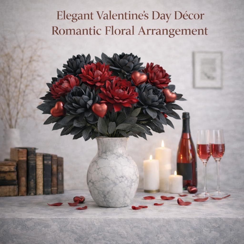 Black Burgundy Artificial Flowers Dahlia Bouquet - Lifelike Faux Gothic Floral Arrangement - 20 Piece Set for Black Red Gothic Decor or Unique Valentine's Accents