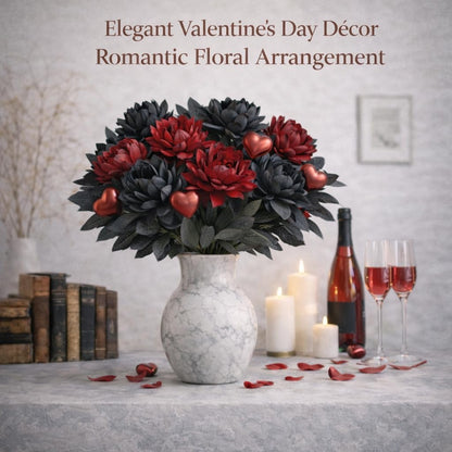 Black Burgundy Artificial Flowers Dahlia Bouquet - Lifelike Faux Gothic Floral Arrangement - 20 Piece Set for Black Red Gothic Decor or Unique Valentine's Accents