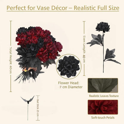 Black Burgundy Artificial Flowers Dahlia Bouquet - Lifelike Faux Gothic Floral Arrangement - 20 Piece Set for Black Red Gothic Decor or Unique Valentine's Accents