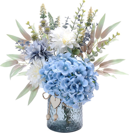Fake Flowers with Vase, Hydrangea Faux Dahlia Flowers Arrangement | Blue Flowers in Vase Suitable for Home Kitchen Living Room Fall Spring Decor Office Decoration, Centerpiece Table Decorations