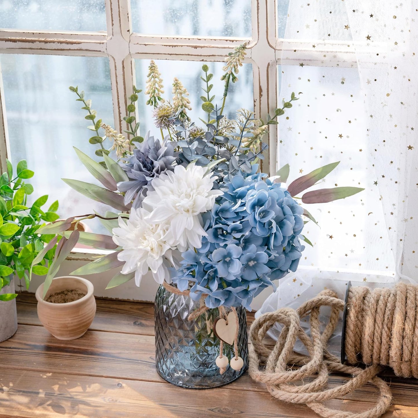 Fake Flowers with Vase, Hydrangea Faux Dahlia Flowers Arrangement | Blue Flowers in Vase Suitable for Home Kitchen Living Room Fall Spring Decor Office Decoration, Centerpiece Table Decorations