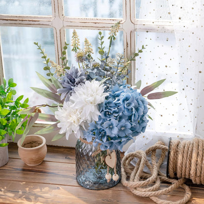 Fake Flowers with Vase, Hydrangea Faux Dahlia Flowers Arrangement | Blue Flowers in Vase Suitable for Home Kitchen Living Room Fall Spring Decor Office Decoration, Centerpiece Table Decorations