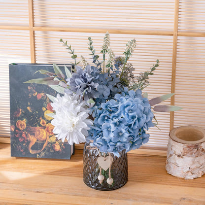 Fake Flowers with Vase, Hydrangea Faux Dahlia Flowers Arrangement | Blue Flowers in Vase Suitable for Home Kitchen Living Room Fall Spring Decor Office Decoration, Centerpiece Table Decorations