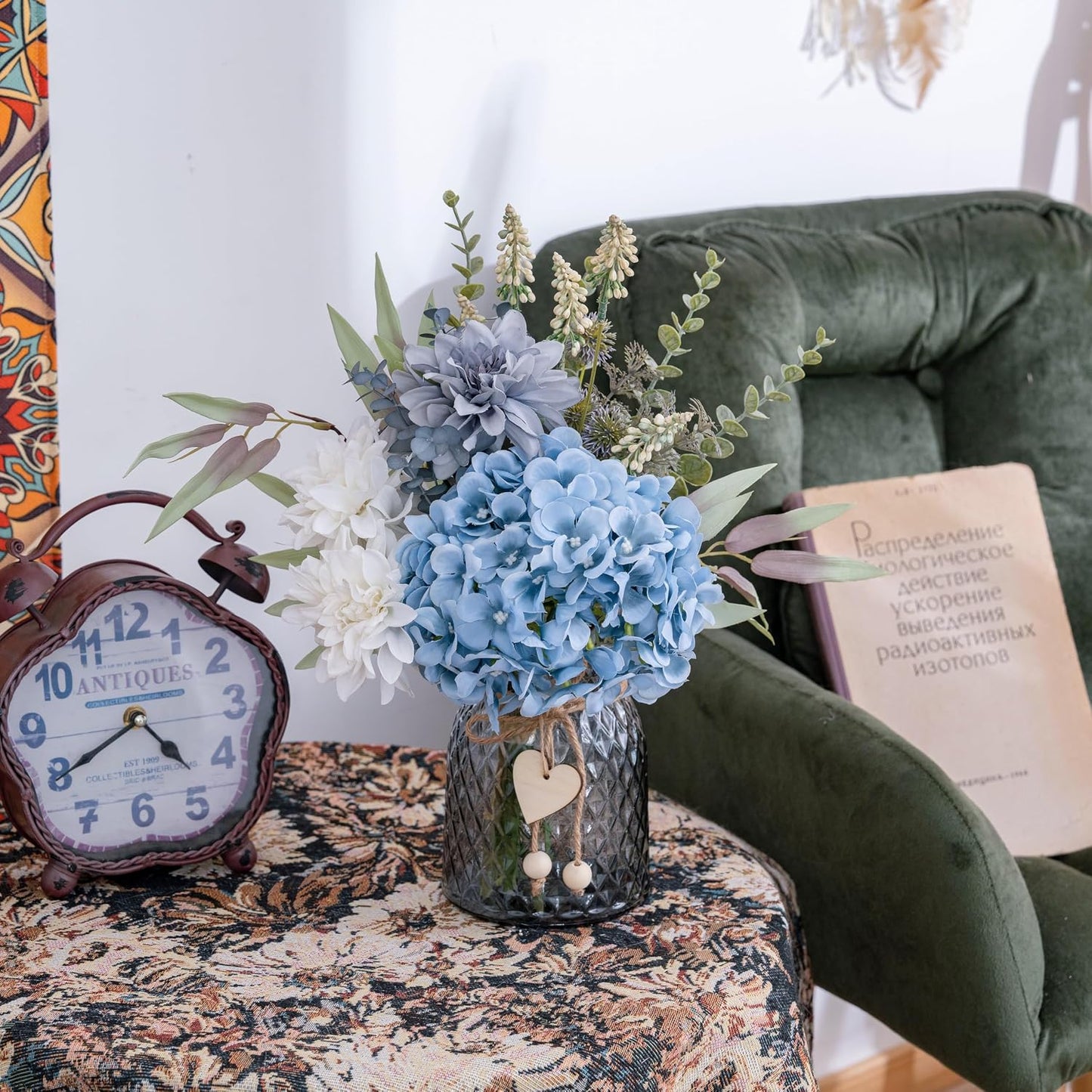 Fake Flowers with Vase, Hydrangea Faux Dahlia Flowers Arrangement | Blue Flowers in Vase Suitable for Home Kitchen Living Room Fall Spring Decor Office Decoration, Centerpiece Table Decorations