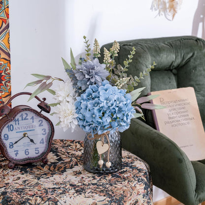 Fake Flowers with Vase, Hydrangea Faux Dahlia Flowers Arrangement | Blue Flowers in Vase Suitable for Home Kitchen Living Room Fall Spring Decor Office Decoration, Centerpiece Table Decorations