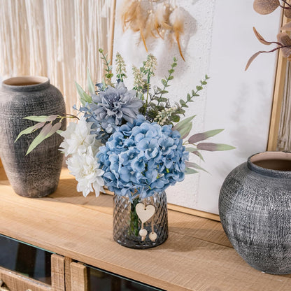 Fake Flowers with Vase, Hydrangea Faux Dahlia Flowers Arrangement | Blue Flowers in Vase Suitable for Home Kitchen Living Room Fall Spring Decor Office Decoration, Centerpiece Table Decorations