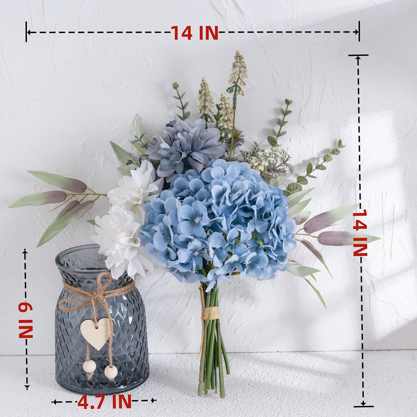 Fake Flowers with Vase, Hydrangea Faux Dahlia Flowers Arrangement | Blue Flowers in Vase Suitable for Home Kitchen Living Room Fall Spring Decor Office Decoration, Centerpiece Table Decorations