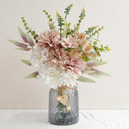 Fake Flowers with Vase, Hydrangea Faux Dahlia Flowers Arrangement | Blue Flowers in Vase Suitable for Home Kitchen Living Room Fall Spring Decor Office Decoration, Centerpiece Table Decorations