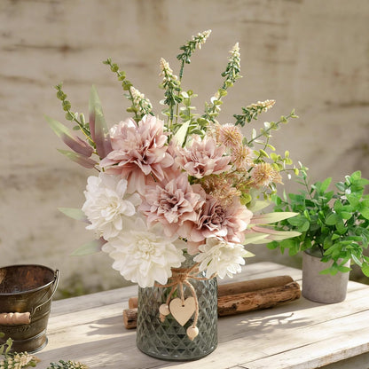 Fake Flowers with Vase, Hydrangea Faux Dahlia Flowers Arrangement | Blue Flowers in Vase Suitable for Home Kitchen Living Room Fall Spring Decor Office Decoration, Centerpiece Table Decorations