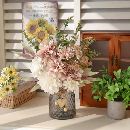 Fake Flowers with Vase, Hydrangea Faux Dahlia Flowers Arrangement | Blue Flowers in Vase Suitable for Home Kitchen Living Room Fall Spring Decor Office Decoration, Centerpiece Table Decorations