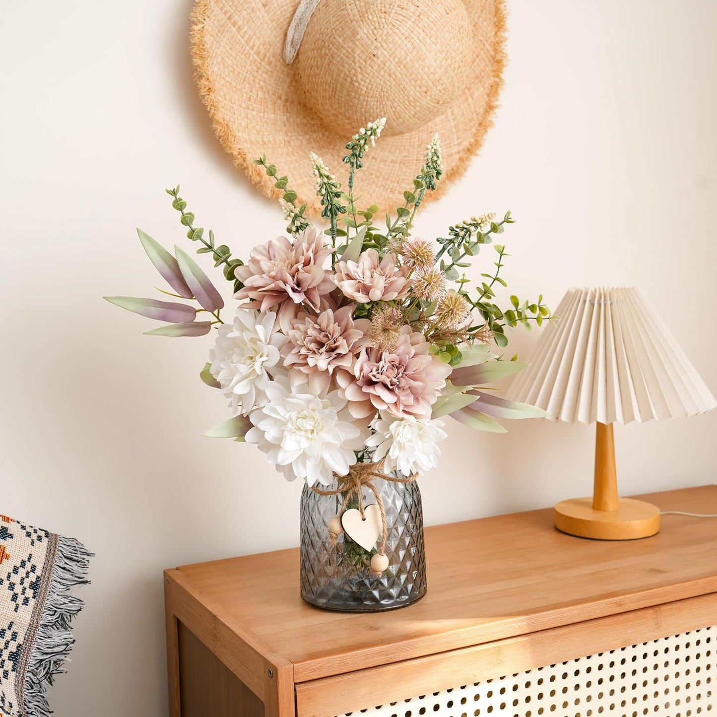 Fake Flowers with Vase, Hydrangea Faux Dahlia Flowers Arrangement | Blue Flowers in Vase Suitable for Home Kitchen Living Room Fall Spring Decor Office Decoration, Centerpiece Table Decorations