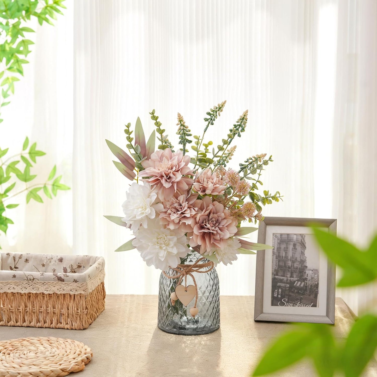 Fake Flowers with Vase, Hydrangea Faux Dahlia Flowers Arrangement | Blue Flowers in Vase Suitable for Home Kitchen Living Room Fall Spring Decor Office Decoration, Centerpiece Table Decorations