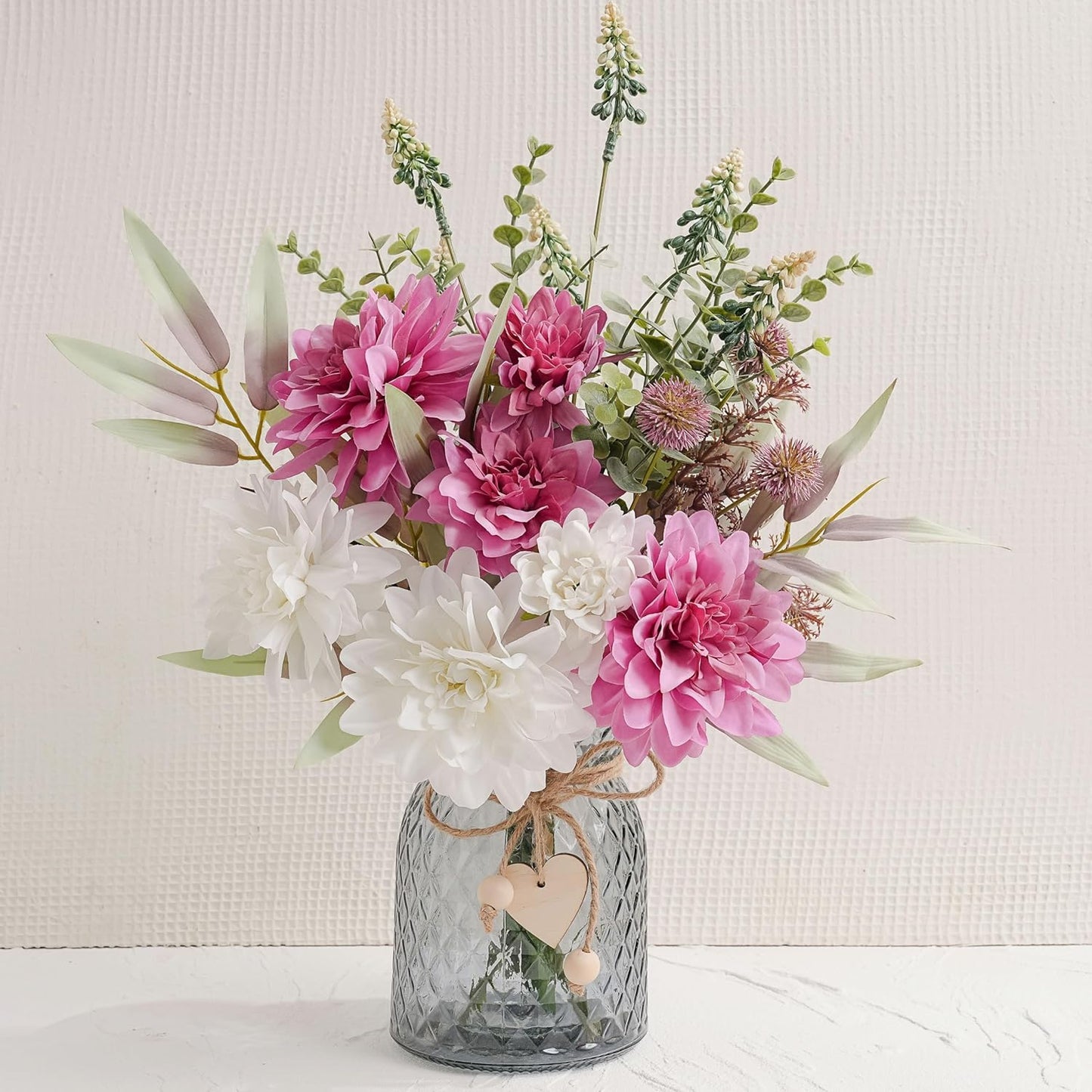Fake Flowers with Vase, Hydrangea Faux Dahlia Flowers Arrangement | Blue Flowers in Vase Suitable for Home Kitchen Living Room Fall Spring Decor Office Decoration, Centerpiece Table Decorations