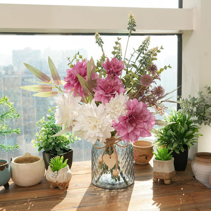 Fake Flowers with Vase, Hydrangea Faux Dahlia Flowers Arrangement | Blue Flowers in Vase Suitable for Home Kitchen Living Room Fall Spring Decor Office Decoration, Centerpiece Table Decorations