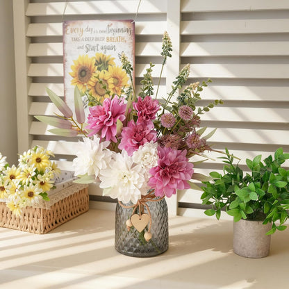 Fake Flowers with Vase, Hydrangea Faux Dahlia Flowers Arrangement | Blue Flowers in Vase Suitable for Home Kitchen Living Room Fall Spring Decor Office Decoration, Centerpiece Table Decorations