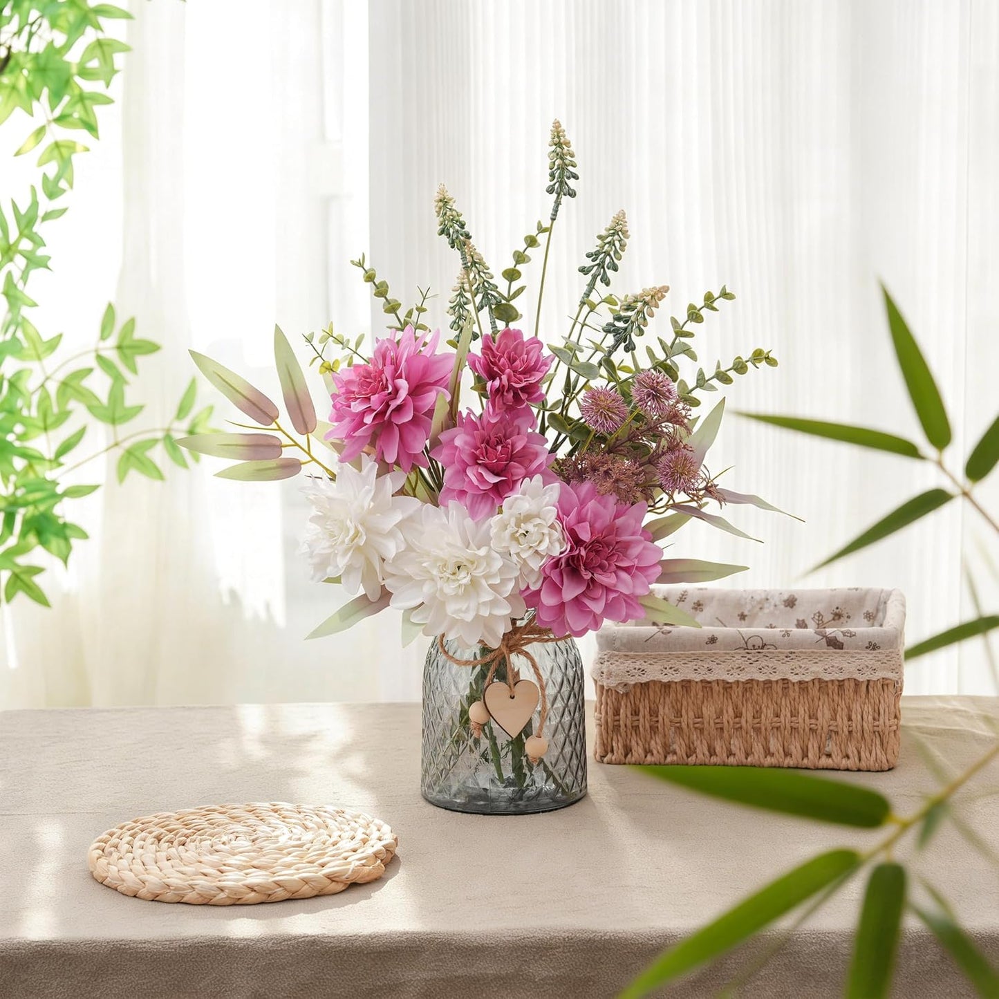 Fake Flowers with Vase, Hydrangea Faux Dahlia Flowers Arrangement | Blue Flowers in Vase Suitable for Home Kitchen Living Room Fall Spring Decor Office Decoration, Centerpiece Table Decorations