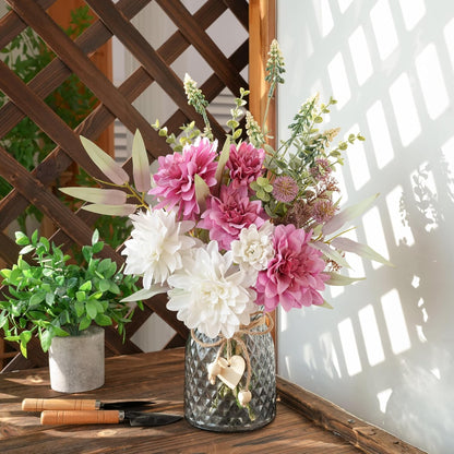 Fake Flowers with Vase, Hydrangea Faux Dahlia Flowers Arrangement | Blue Flowers in Vase Suitable for Home Kitchen Living Room Fall Spring Decor Office Decoration, Centerpiece Table Decorations