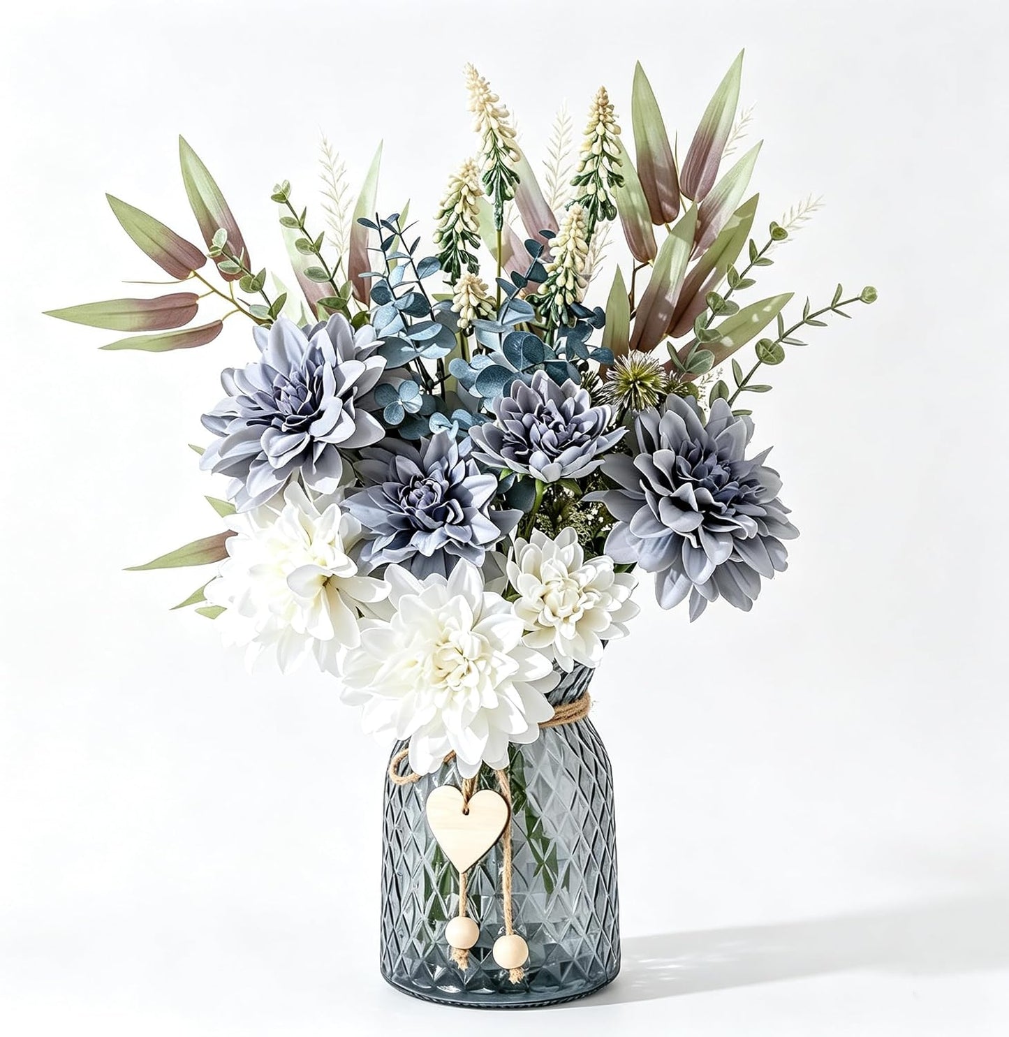 Fake Flowers with Vase, Hydrangea Faux Dahlia Flowers Arrangement | Blue Flowers in Vase Suitable for Home Kitchen Living Room Fall Spring Decor Office Decoration, Centerpiece Table Decorations
