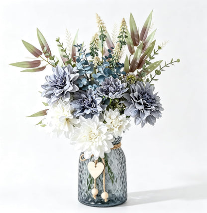Fake Flowers with Vase, Hydrangea Faux Dahlia Flowers Arrangement | Blue Flowers in Vase Suitable for Home Kitchen Living Room Fall Spring Decor Office Decoration, Centerpiece Table Decorations