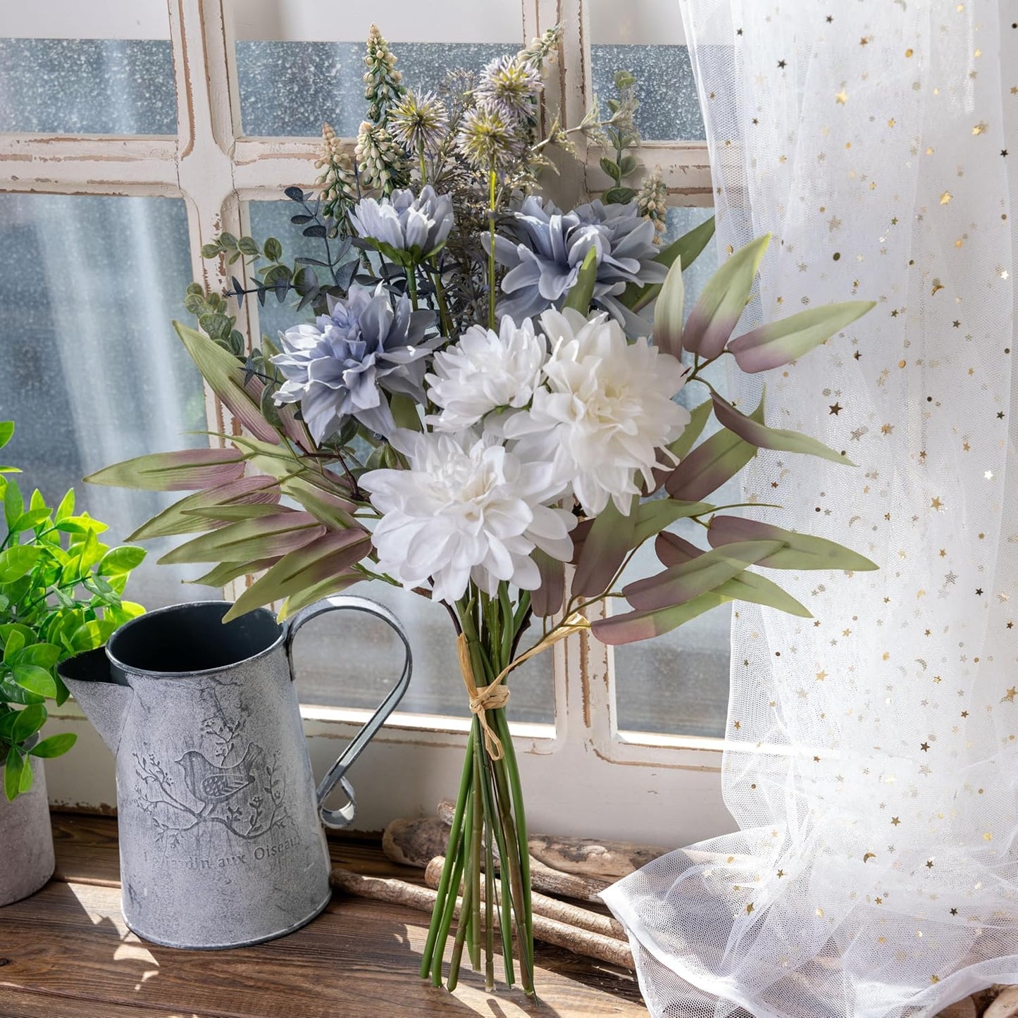 Fake Flowers with Vase, Hydrangea Faux Dahlia Flowers Arrangement | Blue Flowers in Vase Suitable for Home Kitchen Living Room Fall Spring Decor Office Decoration, Centerpiece Table Decorations