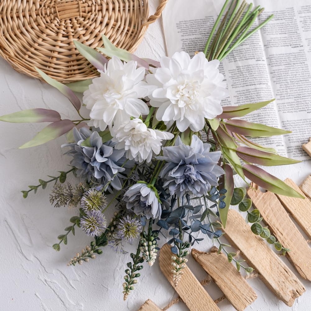 Fake Flowers with Vase, Hydrangea Faux Dahlia Flowers Arrangement | Blue Flowers in Vase Suitable for Home Kitchen Living Room Fall Spring Decor Office Decoration, Centerpiece Table Decorations