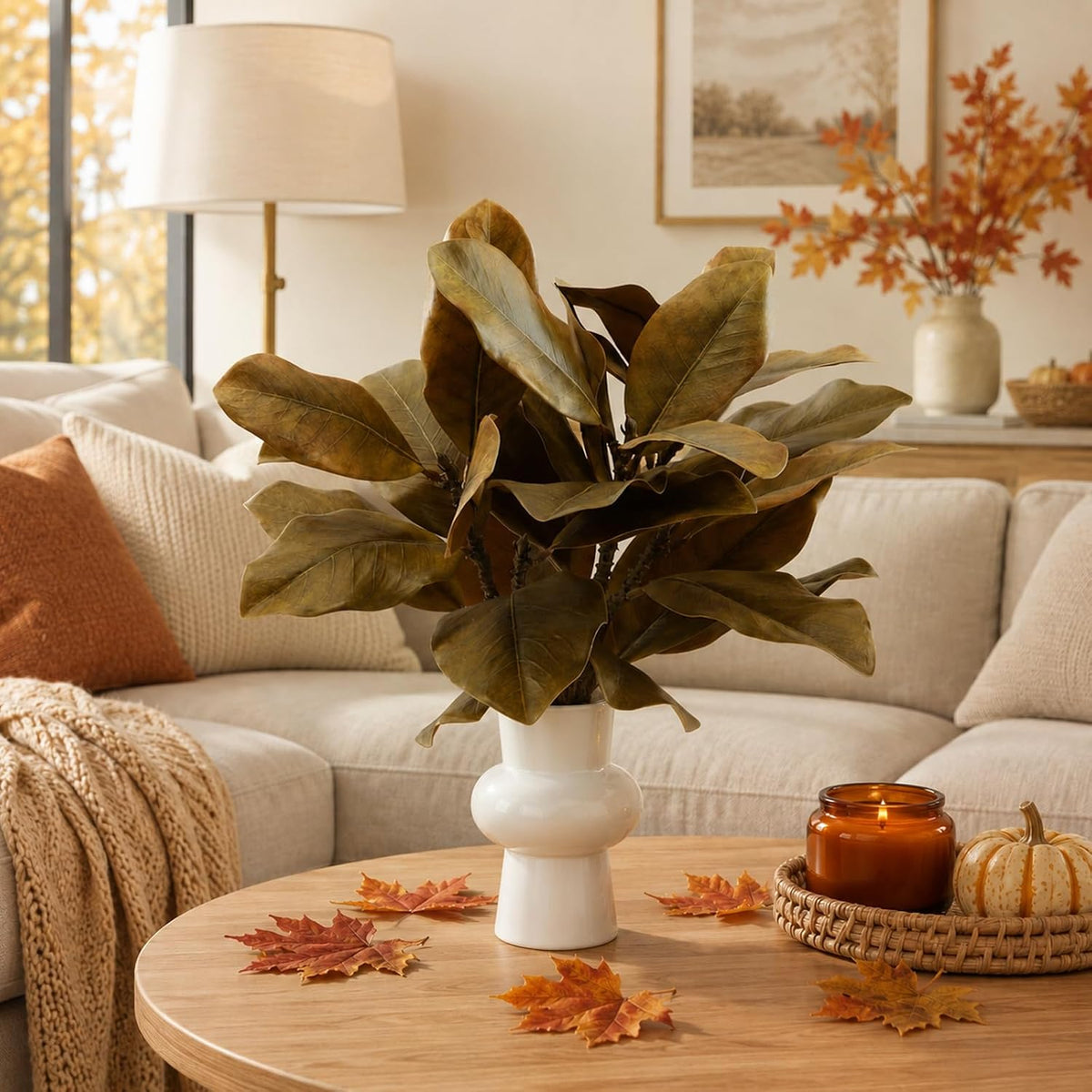 Magnolia Artificial Leaves Branches 22 Inch 3D Real Touch Faux Magnolia Stems Fake Magnolia Twigs for Indoor Outdoor Vase Filling Home Wedding Floral Arrangement Decoration