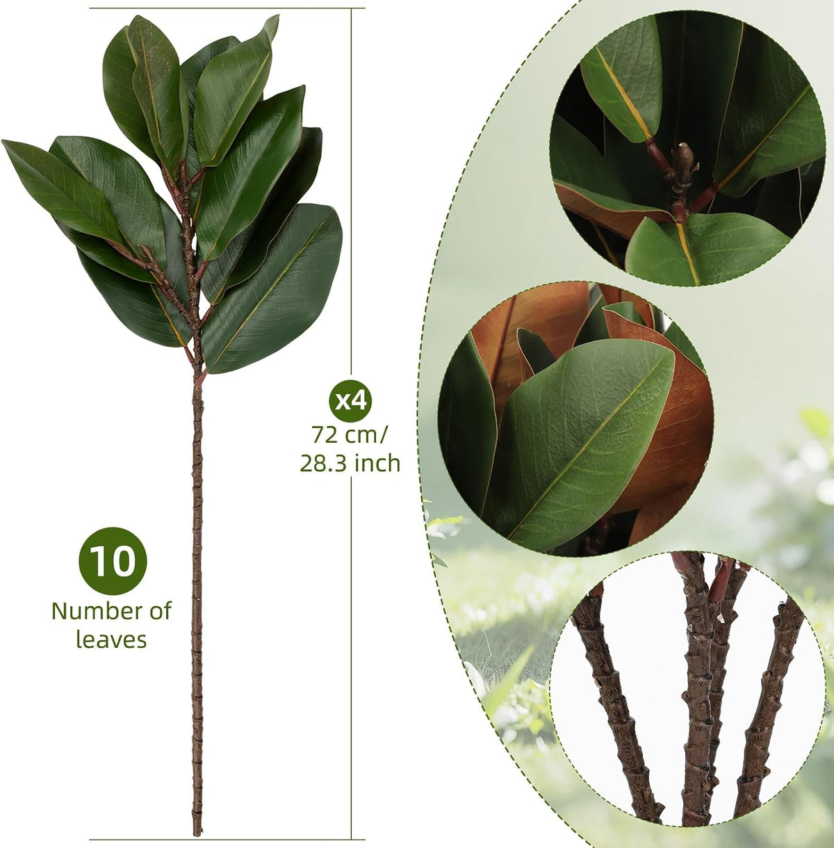 Magnolia Artificial Leaves Branches 22 Inch 3D Real Touch Faux Magnolia Stems Fake Magnolia Twigs for Indoor Outdoor Vase Filling Home Wedding Floral Arrangement Decoration